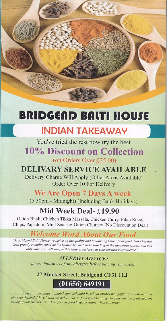 Menu of Bridgend Balti House