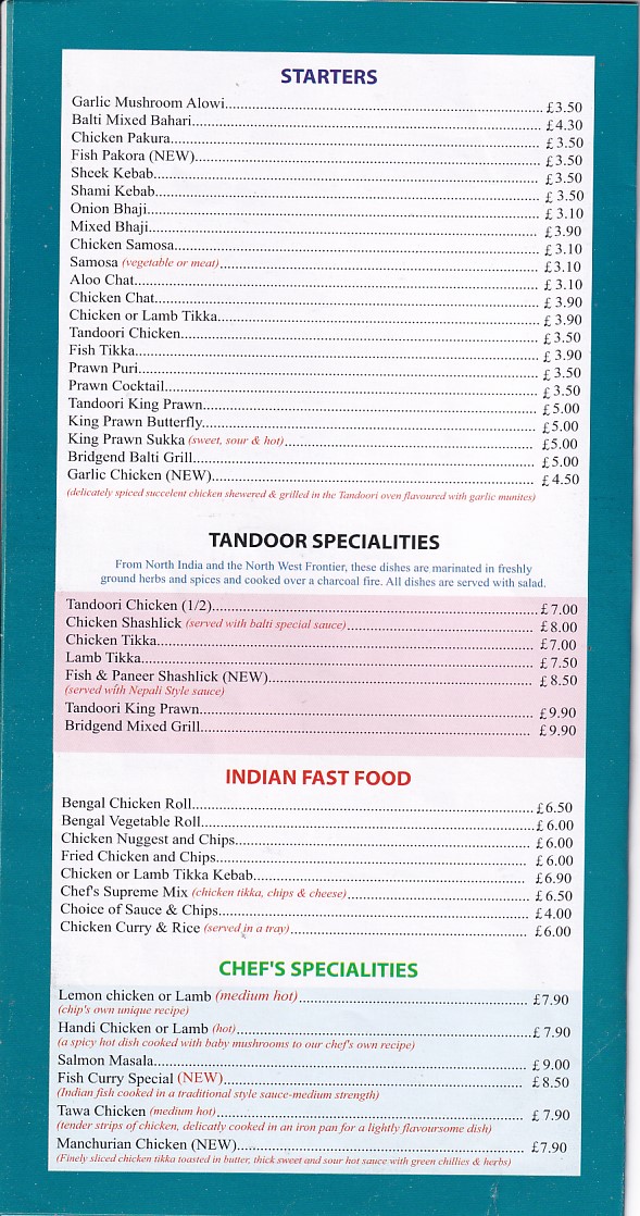 Menu of Bridgend Balti House