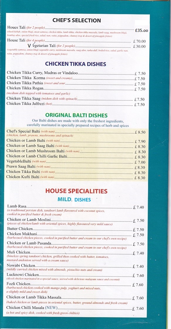 Menu of Bridgend Balti House