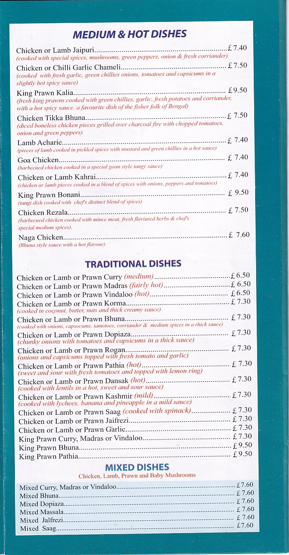 Menu of Bridgend Balti House