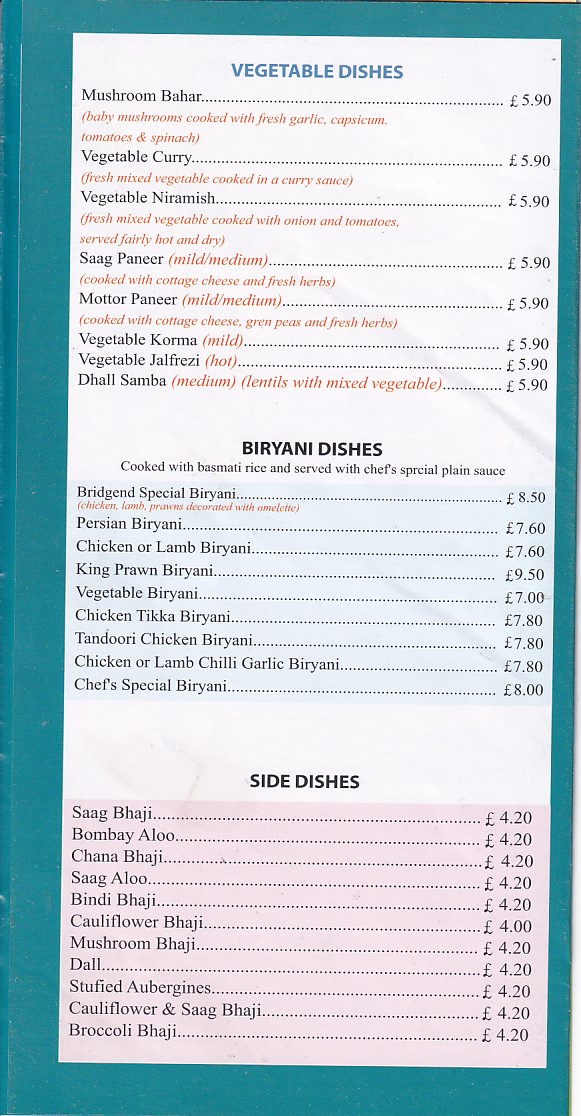 Menu of Bridgend Balti House