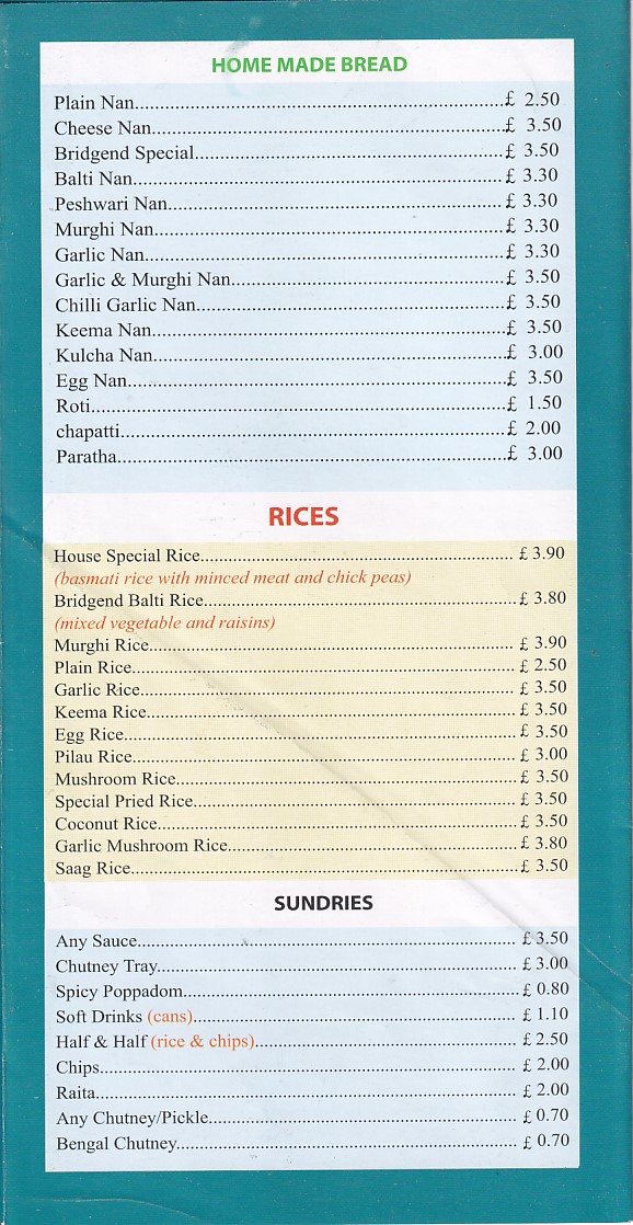 Menu of Bridgend Balti House