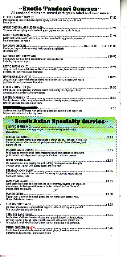 Exotic Shaad Indian menu bridgend