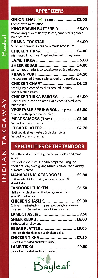 Bayleaf Indian takeaway menu in Pyle