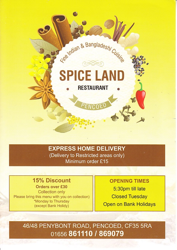 spice land indian menu pencoed