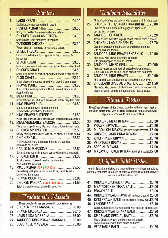 spice land indian menu pencoed