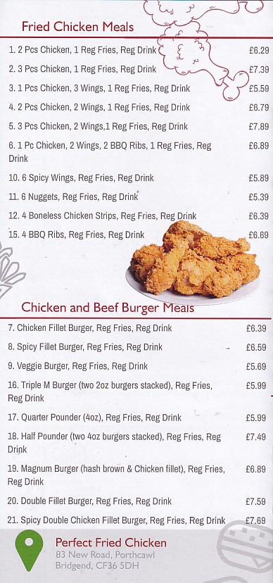 Menu of Perfect Fried Chicken Porthcawl