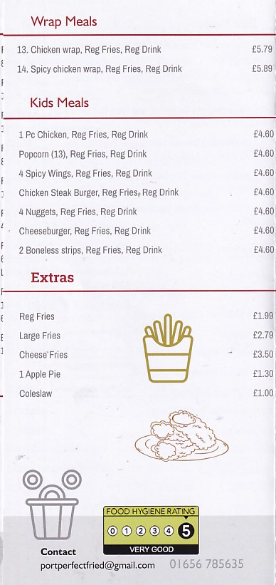 Menu of Perfect Fried Chicken Porthcawl