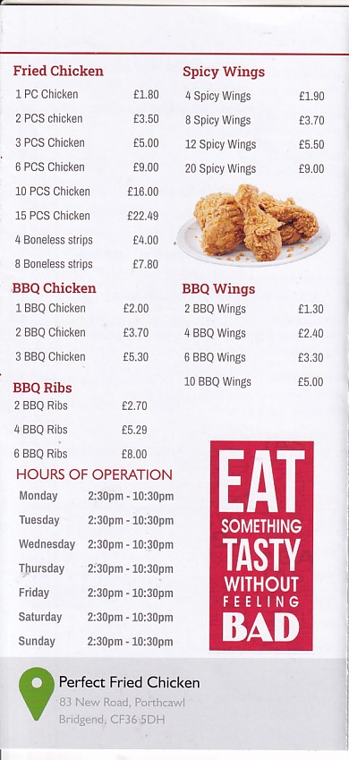 Menu of Perfect Fried Chicken Porthcawl